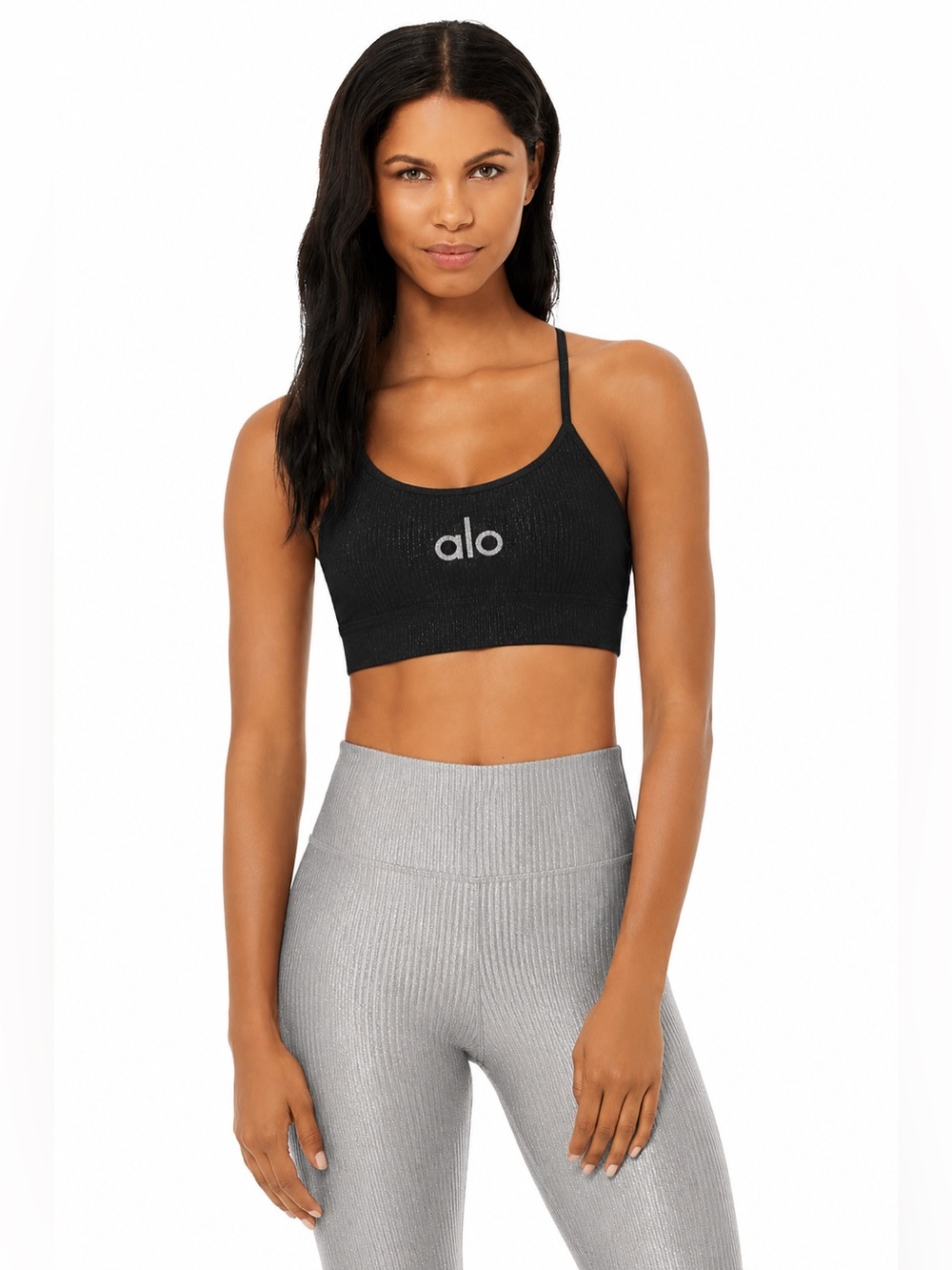 Super Rare⭐️ Alo Yoga Ribbed High-Waist Shimmer Leggings Silver Size Small